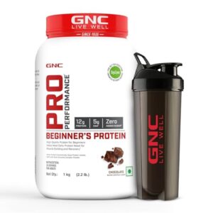 GNC Pro Performance Beginner's Protein | 1KG (2.2 LBS) | Chocolate| Digezyme For Better Absorption| Pure Whey Protein | Fast Muscle Building & Recovery | With 5 g EAA & 2.2 g BCAA | Imported