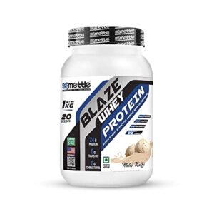 Getmymettle Blaze Whey Protein: Build Muscle & Recover Faster with 24g Protein, 10.66g BCAA & 8.09g Glutamine. 1kg Malai Kulfi, Proteolytic Enzymes