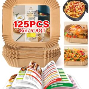 Marve Air Fryer Liners Disposable, 125Pcs 8Inch Airfryer Liners, Non-Stick Parchment Paper Square with Air Fryer Cheat Sheet Cooking Guide Booklet, Air Fryer Cookbooks Recipes, Air Fryer Accessories