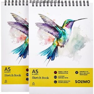 Amazon Brand - Solimo Sketchbooks, Spiral-Bound, Mini Size, Professional-Grade Sheets, Compatible with a Range of Art Material (A5, Set of 2) Paper, Acrylic