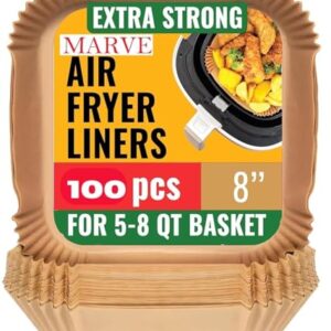 Marve Airfryer Papers Disposable, 100PCS Non-Stick Parchment Paper, Air Fryer Liners for 5-8QT Air Fryer, Baking, Roasting Microwave (8 Inch Square)