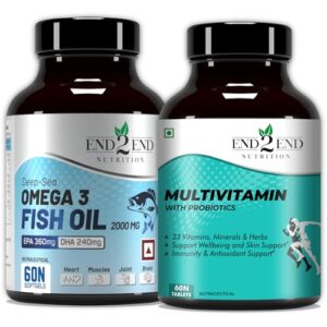 End2End Nutrition Omega 3 Fish Oil capsules and Multivitamin tablets with 33 Vitamins, Minerals and Herbs for Men and Women | Heart, Brain, Eye & Skin Health - (60x2)