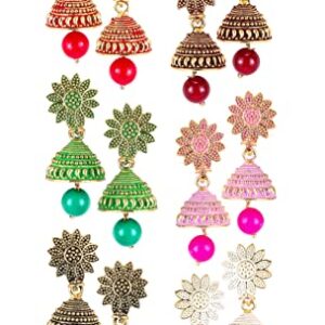 Meenaz Jhumka Earrings For Women Girls Ladies Earrings Combo Set Valentine Gift Traditional Wedding Gold Meenakari Ethnic Antique South Indian Round Small Pearl Moti Jhumkas Feather Peacock Jhumki