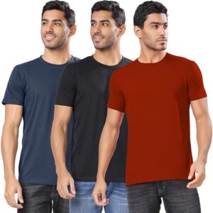 London Hills Men Round Neck Cotton Blend Multicolor Half Sleeve Solid Regular Fit T-Shirts (Pack Of 3), Large