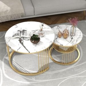 Seyroak Round Coffee Table, Modern Nestings Table Set of 2, Stylish Sofa Side Table with Marble Veneer Top and Metal Frame, End Table for Living Room Bedroom (Golden & White)