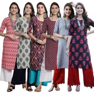 Tee Projekt Crepe Verstaile Straight Printed Kurti for Women's ll Casual Wear Kurti (Pack of 6)