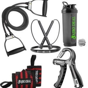 AJRO DEAL All-in-One 5-in-1 Home Gym Kit: Hand Grip, Skipping Rope, Shaker, Wrist Band & Resistance Tube