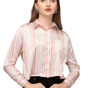 Women's Pastel Striped Long Sleeve Shirt, Collared Button-Down Blouse, Pink and White (in, Alpha, XS, Pastel)