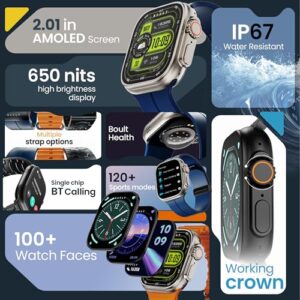Boult Crown Pro Smart Watch 2.01'' AMOLED, BT Calling, Working Crown, AOD, Zinc Alloy Frame, 650 Nits Brightness, AI Voice Assistant, SpO2 Monitoring, 120+ Sports Mode (Midnight Black)