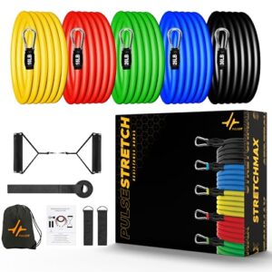 PulseStretch 11Pcs Resistance Bands Set for Exercise, Stretching and Workout Toning Tube Kit with Foam Handles, Door Anchor, Ankle Strap and Carry Bag for Men, Women