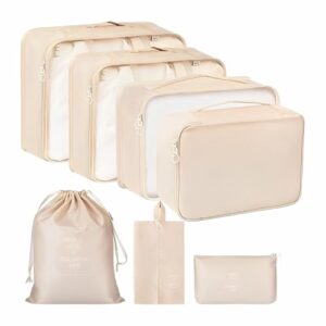 JD FRESH 7 Pieces Travel Organizer Pouches/Packing Cubes/Travel Essentials for Women Luggage/Space Saver Bags for Clothes/Toiletry Kit/Underwear/Makeup Kit/Travelling Pouch/Travel Accessories(Beige)