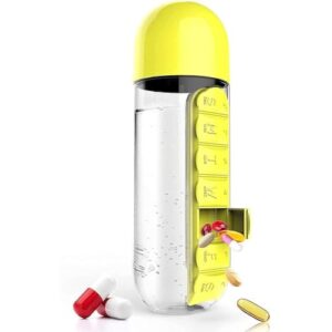 Pill Water Bottle, 2 in 1 Daily Pill Box Organizer with Water Bottle, Travel Pill Organizer Drinking Cups, for Travel, Office, Outdoor, 600ml