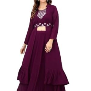 Trending Womens Ethnic sets with top, Bottom, Koti| Ethnic Wear | Stitched Lehenga with Blouse and Jacket Design No DM-1_WINE_M