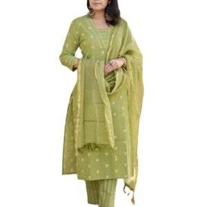 ANNI DESIGNER Women's Rayon Viscose Straight Printed Kurta with Pant & Dupatta (MAHEMAN Pista_S_Pista_Small)