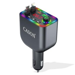 Cason Car Charger 120W Type-C Fast Charging | 4-in-1 Retractable Car Mobile Charger Cable with 2 USB Ports, Bluetooth FM Transmitter with LED Display for iPhone, Android Smartphones