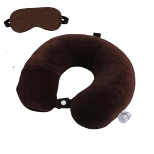 ATEVON Premium Brown Neck Pillow and Eye Mask Combo for Airplane Travel - Comfortable Velvet Sleeping Eye Mask Included