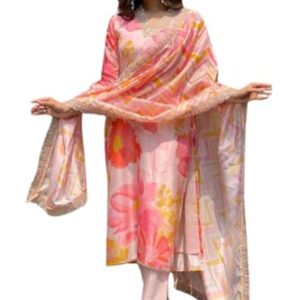 SHIENZY Women's Casual Cotton Blend Floral Printed V Neck Straight Traditional Suit Salwar with Dupatta || Matching Kurta Pant Sets || Festive Ethnicwear (1501SHZ_PNK_L) Red