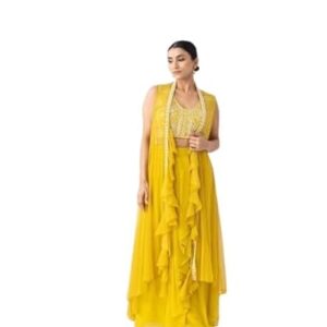 Kastbhanjan dada Women's Three-Piece Embroidered Western Outfit – Georgette Crop Top, Micro Inner, and Ruffled Koti with Hand Bead & Sequence Work – Wedding Outfit (Yellow, Free Size)