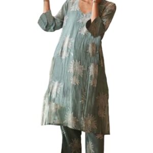 ANNI DESIGNER Women's Rayon Viscose Straight Printed Kurta with Pant (Robin Pista_S_Pista_Small)