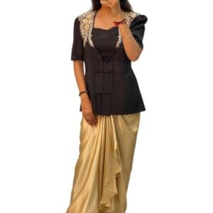 AMEEHA 3-Piece Outfit Set, Black Blouse with Blazer and Gold Dhoti Pants, Indo Western (in, Alpha, M)