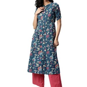 Vbuyz Women's Cotton Print & Hand Work A-Line Stitched Kurta (VF-KU-2025-38_Dark Aqua_Medium)