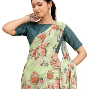 SIRIL Women's Georgette Floral Printed One Minute Ready To Wear Saree with Unstitched Blouse Piece (60RS102_Pista Green)