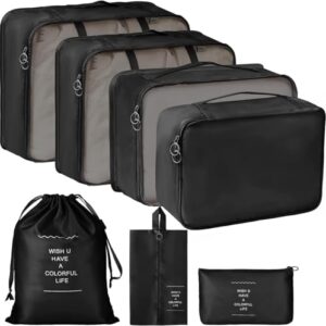 7 Pcs Travel Organizer Bag Set for Luggage | Waterproof Packing Cubes for Clothes, Shoes & Toiletries | Foldable Travel Storage Bags for Men & Women | Black Travel Pouch Set (Black)