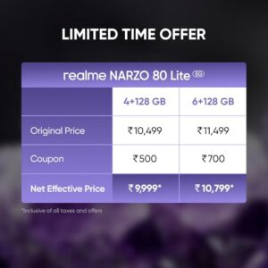 realme NARZO 80 Lite 5G (Crystal Purple, 6GB+128GB) | 6000mAh Long-Lasting Battery | MediaTek Dimensity 6300 5G | AI Assist | IP64 Rated Water & Dust Resistance | Military-Grade Durability
