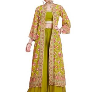 Vbuyz Women Georgette Printed Parrot-Green Lace Work Straight Stitched Crop Top & Palazzo With Shrug, Medium