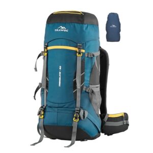 TRAWOC TREKELITE 60L Travel Backpack Hiking Trekking Bag Camping Rucksack for Men & Women with Water Proof Rain Cover/Shoe Compartment MHK004, 3 Year Warranty, English Blue