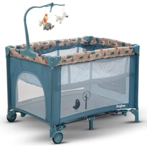 Baybee Kids Foldable Playpen for Babies | Foldable Baby Activity Playards with Rocking Funcion, Hanging Toys with Music & Wheel Lock | Portable Baby Play Area Indoor Setup | Outdoor Play Pen for Baby 0-3 Years (Blue)