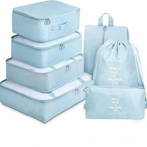 MONJAY 7pcs Set Travel Organizer Packing Cubes Lightweight Travel Luggage Organizers with Laundry Bag or Toiletry Bag Laundry Organiser (7 PCS, Korea Blue), Polyester
