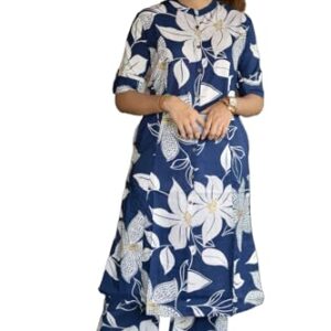 ANNI DESIGNER Women's Rayon Viscose Straight Printed Kurta with Pant (Sunoni Blue_M_Blue_Medium)