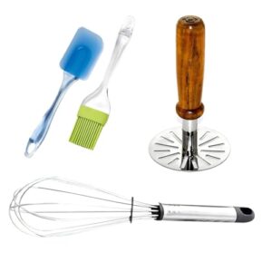 Oblivion Kitchen Tool Combo 4 Pcs – Potato Masher, Hand Whisk Mixer, Spatula & Pastry Brush, Durable Multi-Function Utensils for Mashing, Whisking & Baking, Easy-to-Use Cooking Essential