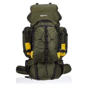 Amazon Basics 80 L Rucksack for Unisex | Multi-Utility 6 Compartment Backpack with Adjustable Straps | For Trekking, Camping, Travel and Outdoor | 32 L x 28 W x 78 H cm | Olive/Black/Yellow