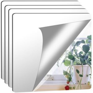 JUNEBRUSHS 4 Pack Self Adhesive Acrylic Mirror, 12X 12 Inch Mirror Tiles,Flexible Plastic Mirrors Sheets Wall Stickers,2MM Thick Mirrors,Frameless Small Mirror