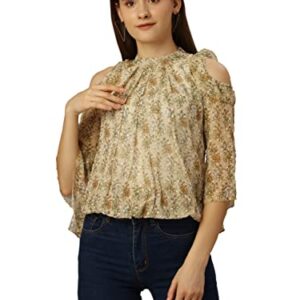 SXV STYLE Women's Floral Print Cold Shoulder Top, Beige, High Neck, 3/4 Sleeve (in, Alpha, M, Mustard)