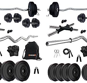 Kore K-PVC 20kg Combo 3 Leather Home Gym and Fitness Kit & Kore PVC 10KG Combo 3 Home Gym Set with One 3 Ft Curl and One Pair Dumbbell Rods with Gym Bag and Gym Accessories, Multicolor