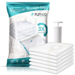 FLYNGO Reusable Ziplock Vacuum Storage Space Saver Bags for Clothes with Travel Hand Pump - Pack of 5 (Small - 40cmx60cm)