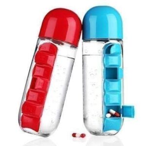 2-in-1 Water Bottle with Weekly Pill Organizer, Travel-Friendly Medicine Storage Container, Pack of 1