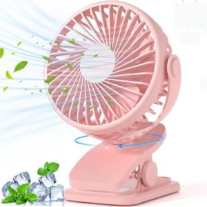 One94Store Mini Clip Fan – 110mm USB Rechargeable, 3-Speed, Silent Operation, 360° Rotatable, 1200mAh Battery with 3-Hour Backup, Energy-Efficient Table Fan for Home, Office, Travel & Stroller (Pink)