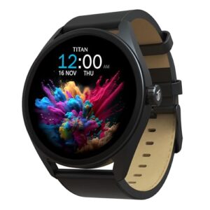 Titan Crest 1.43” AMOLED Smart Watch for Productivity with BT Calling, AI Morning Briefs, Functional Crown, Health Tracking, Aluminium Body, 100+ Sports Modes, Smartwatch for Men and Women – Black