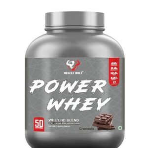 MUSCLEBOLT 2Kg / 4.4 lbs Power Whey Protein HD Blend (Chocolate 50 Servings) with 22g Protein, 5.6g Glutamine Per Serving With Digestive Enzymes for better absorption Improve Muscle Building
