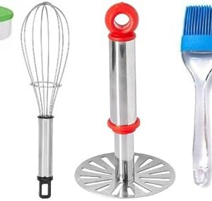 OMORTEX Daily Kitchen Use Combo of Powerfree Blender Stainless Steel Bhaji Masher Whisk Spatula & Brush (Pack of 5) Kitchen Tool Set