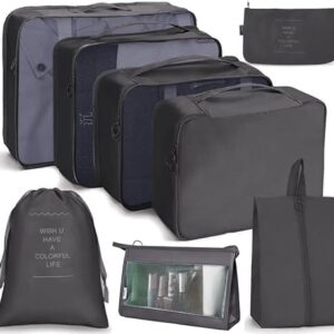 RIGJOY 8 Pcs Packing Cubes for Travel, Travel Organizer Pouches for Luggage, Suitcase with Cosmetics, Toiletry, Underwear and Shoe Bag, Packing Bags for Travel (Set of 8) - Black