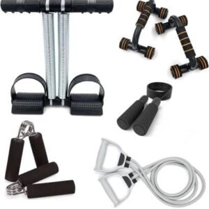 SIXTEEN Gym Equipment Set for Home Workout Combo Men Women Exercise Kit – Included Items (Tummy Trimmer, Toning Tube Band, Pushup Stand, Skipping Rope, Hand Gripper