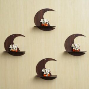 eCraftIndia Set of 4 Brown Moon Shape Designer Wooden Wall Shelves | Stylish Home Decor and Storage Solution for Living Rooms, Bedrooms, Kitchen for Celebrations Like Diwali, Eid