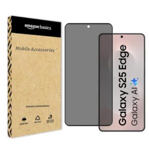 amazon basics Edge to Edge Privacy Tempered Glass for Samsung Galaxy S25 Edge 5G with Easy Self Installation Kit | Black [Fingerprint Unlock Compatible]