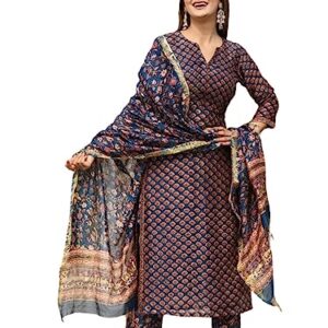 GRECIILOOKS Womens Regular Cotton Blend Regular Fit Kurta Set (Blue, Medium)