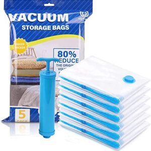 QUICKNIK Vacuum Bags for Travel with Hand Pump, Airtight Reusable Space Saver Compression Storage Bags for Packing, Vaccine Sealer Bags with Ziplock for Clothes, Travel Storage Bag (Set of 5, 2.5 CM)